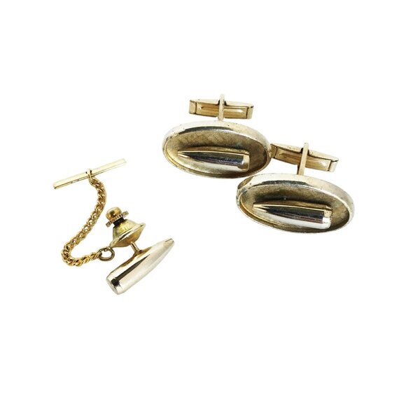 Bullet Design Cufflink Tie Tack Set Man Accessory Gold Tone Cuff Links Tack Pin - Picture 1 of 3